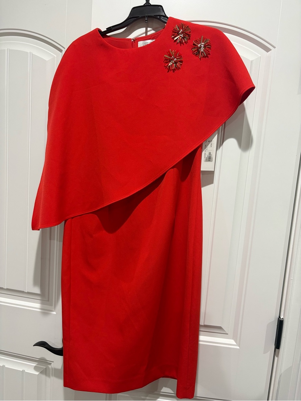 Teri Jon Red Cape Sheath Dress with Decorative Brooches NWT